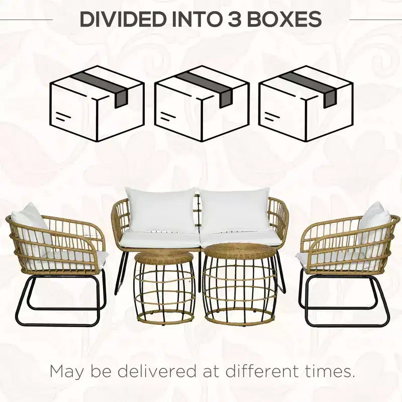 Outsunny 5 Piece PE Rattan Outdoor Furniture Set with Cushioned Chairs, Loveseat Sofa & Stackable Coffee Tables