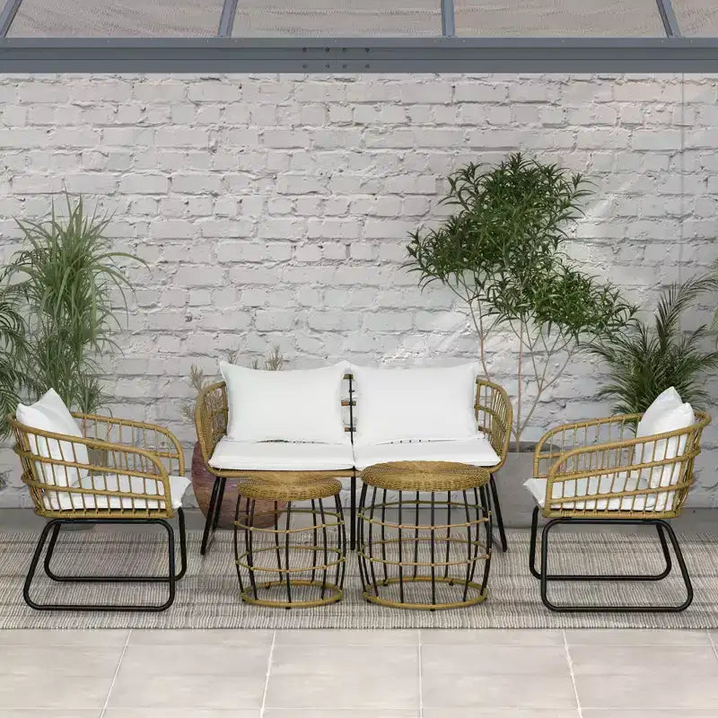 Outsunny 5 Piece PE Rattan Outdoor Furniture Set with Cushioned Chairs, Loveseat Sofa & Stackable Coffee Tables