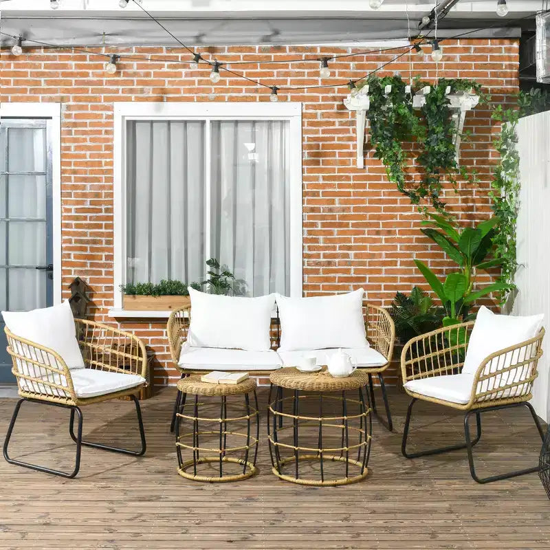 Outsunny 5 Piece PE Rattan Outdoor Furniture Set with Cushioned Chairs, Loveseat Sofa & Stackable Coffee Tables