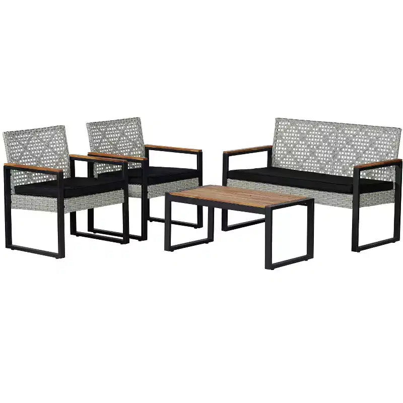 Wilder 4-Piece Modern Coastal Faux Wicker Conversation Outdoor Patio Set - JONATHAN Y