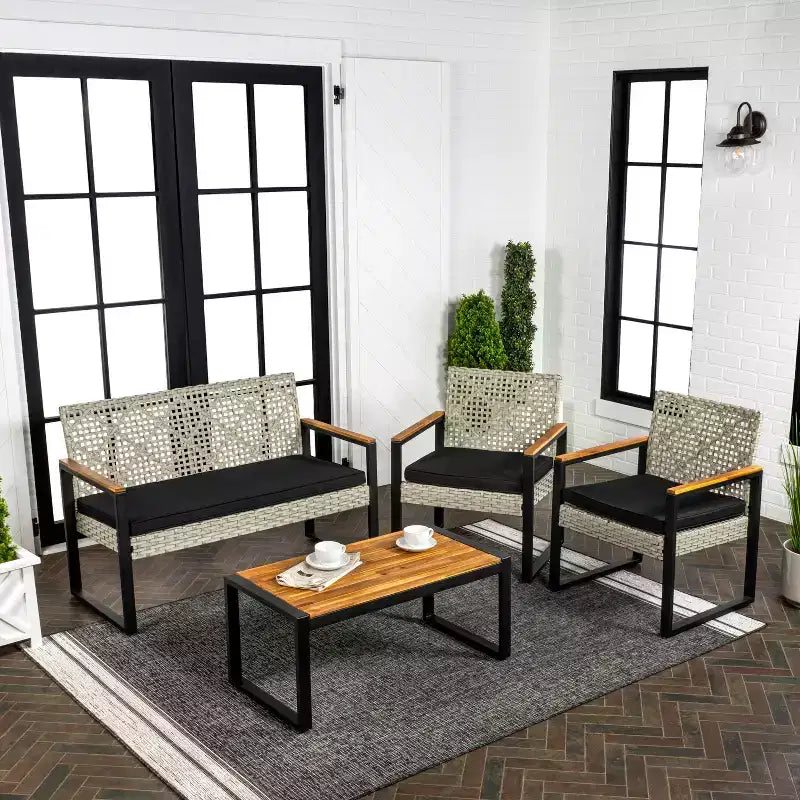 Conjunto de conversación para patio exterior Wilder, de 4 piezas, estilo costero moderno, de mimbre sintético - JONATHAN Y