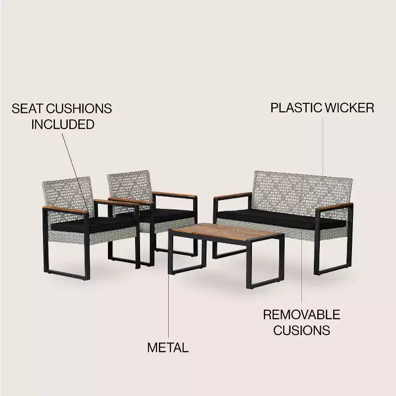 Conjunto de conversación para patio exterior Wilder, de 4 piezas, estilo costero moderno, de mimbre sintético - JONATHAN Y
