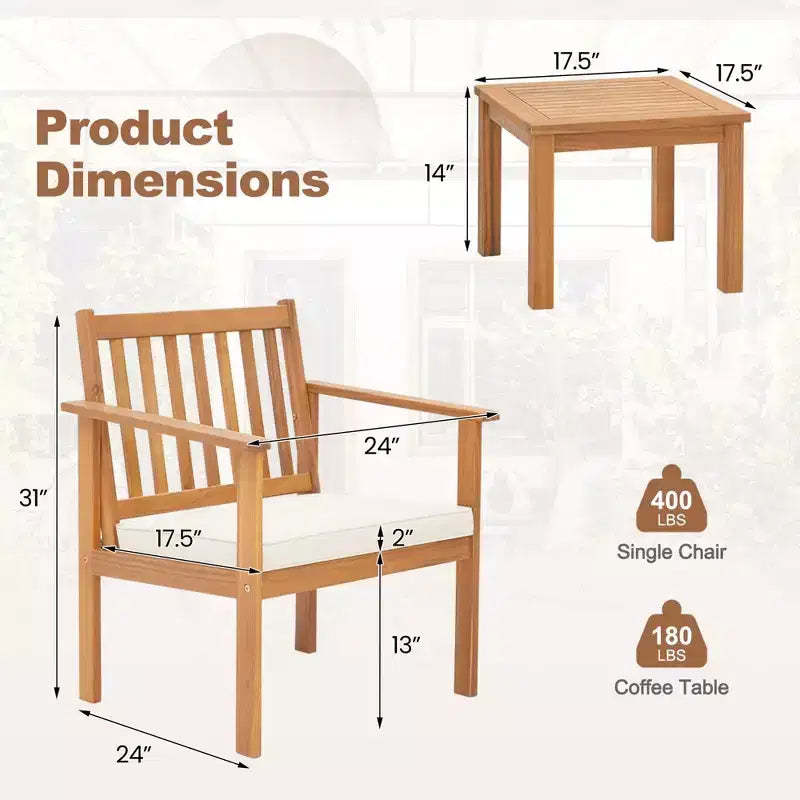 Conjunto de muebles de madera para patio Costway de 3 piezas, sillas de madera de acacia y mesa de centro con cojines suaves gris/blanco