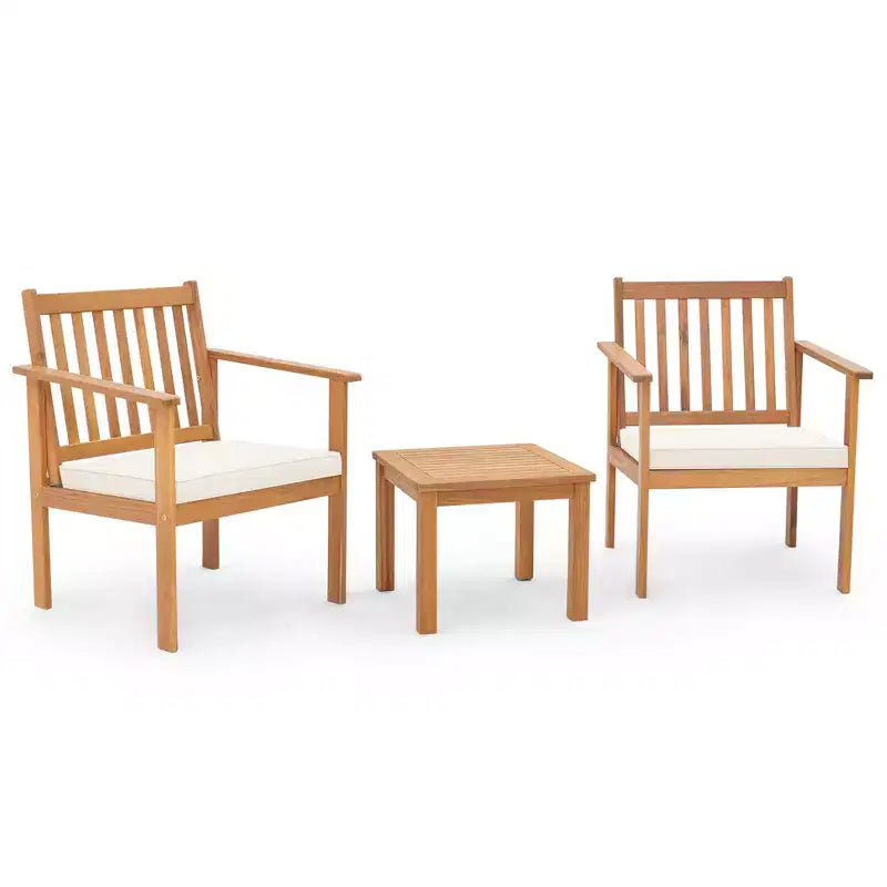 Conjunto de muebles de madera para patio Costway de 3 piezas, sillas de madera de acacia y mesa de centro con cojines suaves gris/blanco