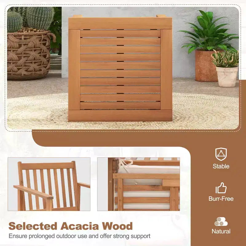 Conjunto de muebles de madera para patio Costway de 3 piezas, sillas de madera de acacia y mesa de centro con cojines suaves gris/blanco