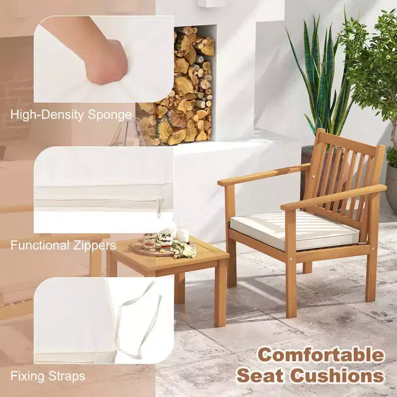Conjunto de muebles de madera para patio Costway de 3 piezas, sillas de madera de acacia y mesa de centro con cojines suaves gris/blanco