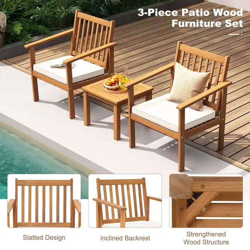 Conjunto de muebles de madera para patio Costway de 3 piezas, sillas de madera de acacia y mesa de centro con cojines suaves gris/blanco