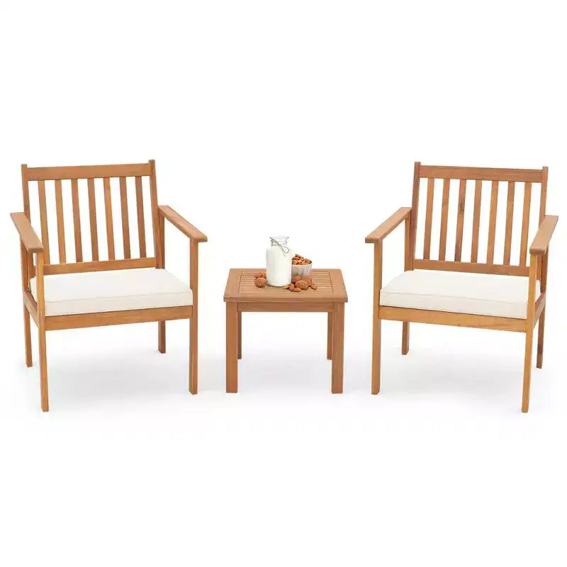 Conjunto de muebles de madera para patio Costway de 3 piezas, sillas de madera de acacia y mesa de centro con cojines suaves gris/blanco