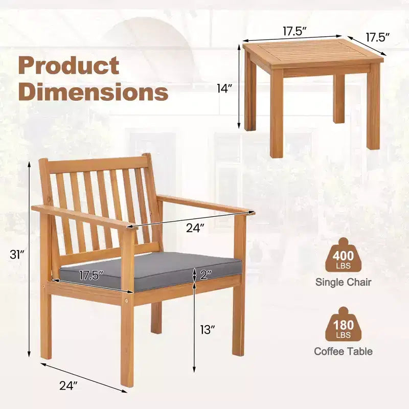 Conjunto de muebles de madera para patio Costway de 3 piezas, sillas de madera de acacia y mesa de centro con cojines suaves gris/blanco