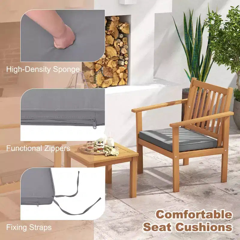 Conjunto de muebles de madera para patio Costway de 3 piezas, sillas de madera de acacia y mesa de centro con cojines suaves gris/blanco