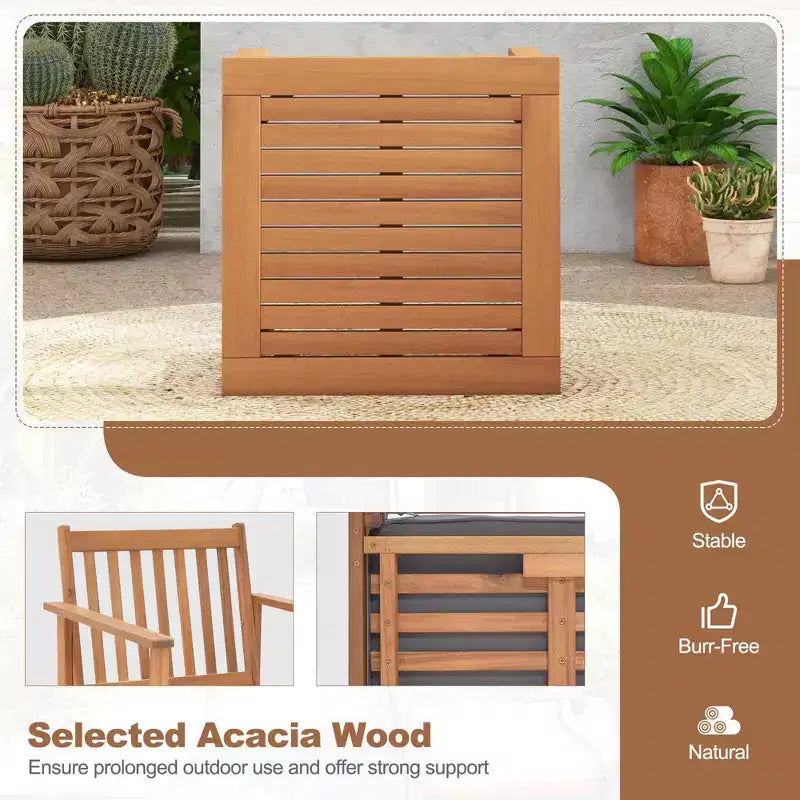 Conjunto de muebles de madera para patio Costway de 3 piezas, sillas de madera de acacia y mesa de centro con cojines suaves gris/blanco