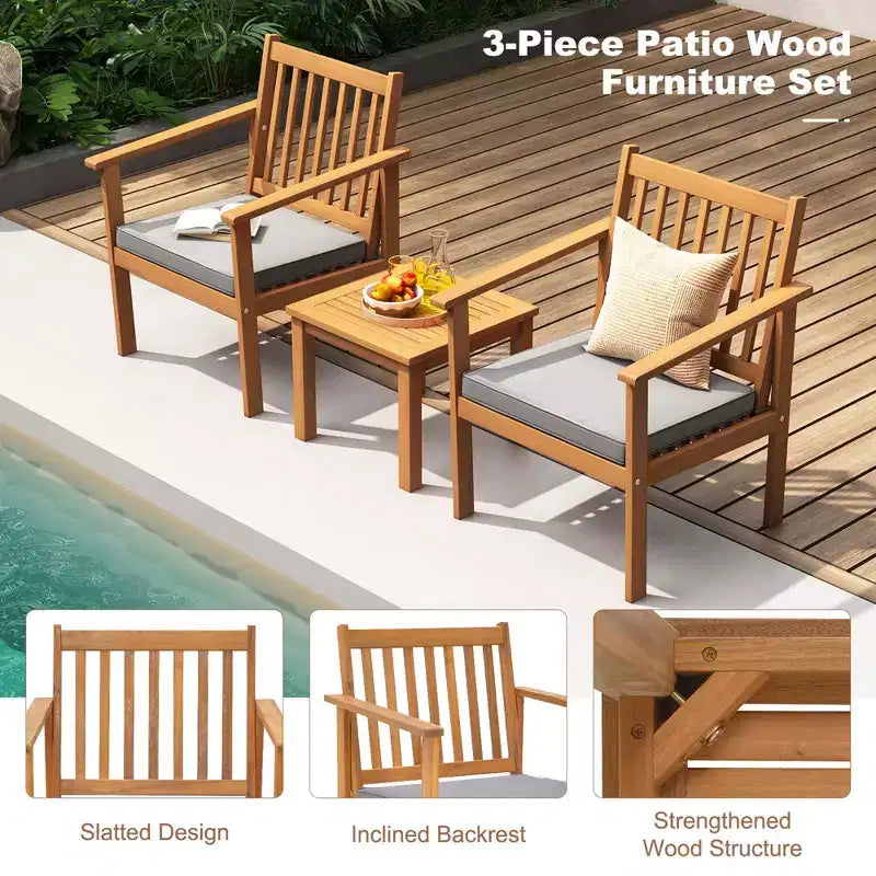 Conjunto de muebles de madera para patio Costway de 3 piezas, sillas de madera de acacia y mesa de centro con cojines suaves gris/blanco