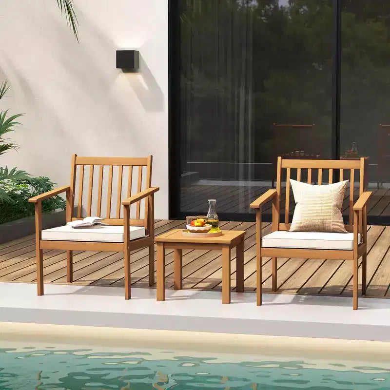 Costway 3-teiliges Gartenmöbel-Set aus Akazienholz mit Stühlen und Couchtisch sowie weichen Polstern, Grau/Weiß
