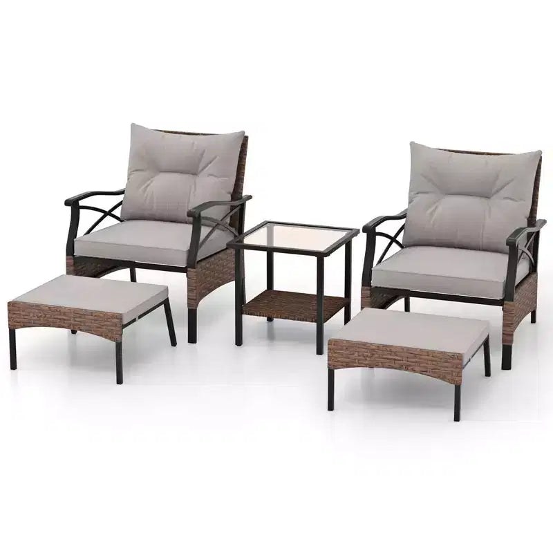 Juego de muebles de patio de 5 piezas Costway, con mesa de centro de 2 niveles y 2 otomanas, incluye cojines