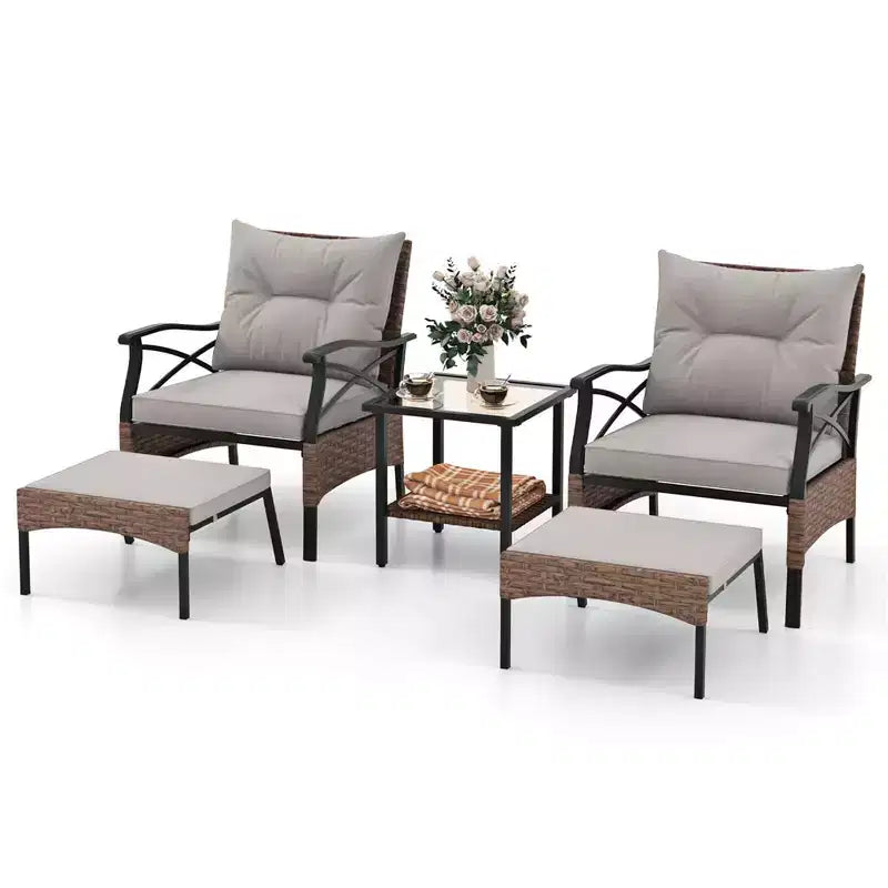 Juego de muebles de patio de 5 piezas Costway, con mesa de centro de 2 niveles y 2 otomanas, incluye cojines
