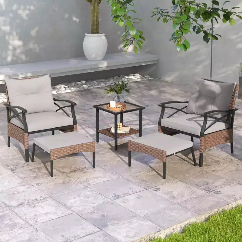 Juego de muebles de patio de 5 piezas Costway, con mesa de centro de 2 niveles y 2 otomanas, incluye cojines