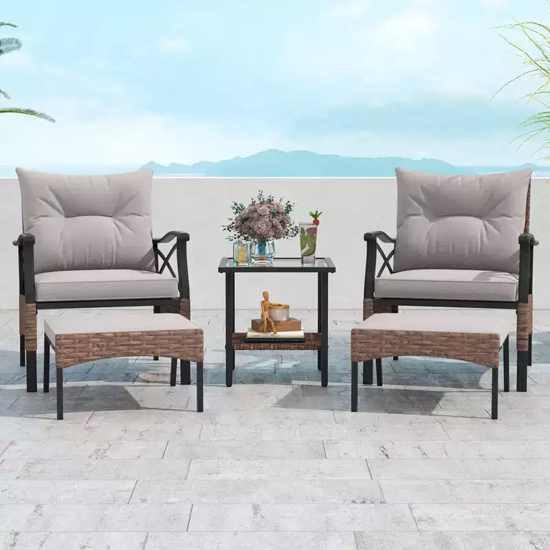 Juego de muebles de patio de 5 piezas Costway, con mesa de centro de 2 niveles y 2 otomanas, incluye cojines
