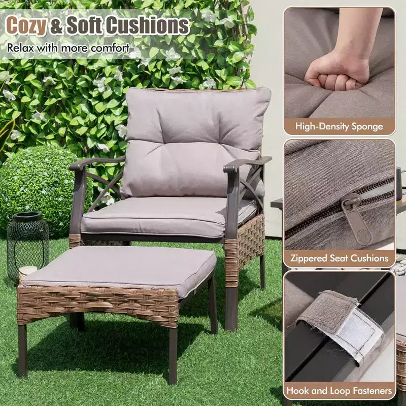 Juego de muebles de patio de 5 piezas Costway, con mesa de centro de 2 niveles y 2 otomanas, incluye cojines