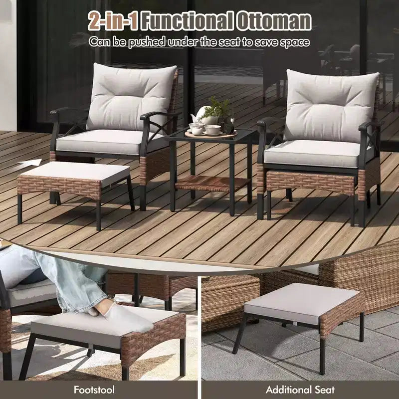 Juego de muebles de patio de 5 piezas Costway, con mesa de centro de 2 niveles y 2 otomanas, incluye cojines