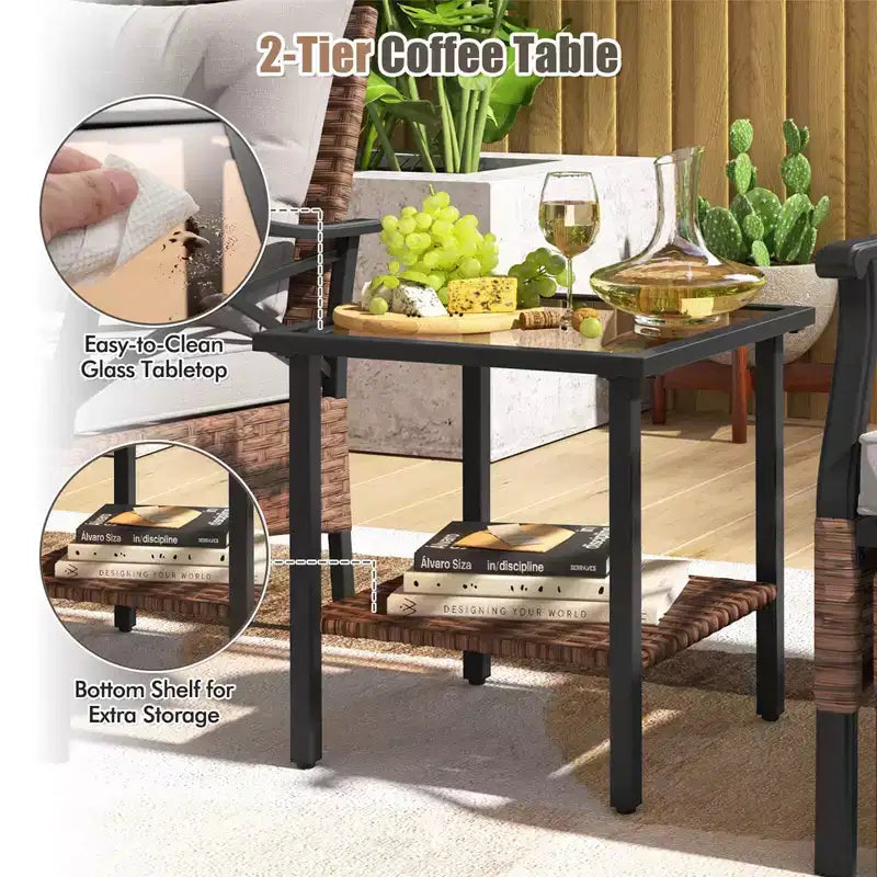 Juego de muebles de patio de 5 piezas Costway, con mesa de centro de 2 niveles y 2 otomanas, incluye cojines