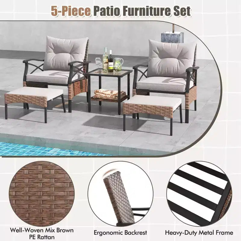 Juego de muebles de patio de 5 piezas Costway, con mesa de centro de 2 niveles y 2 otomanas, incluye cojines