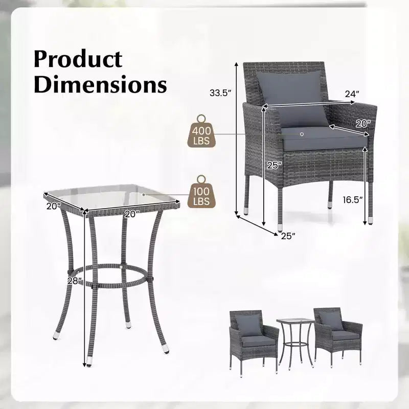 Costway Ensemble de mobilier de patio 3 pièces avec fauteuils de patio rembourrés et table basse en verre trempé gris/bleu marine/blanc/noir