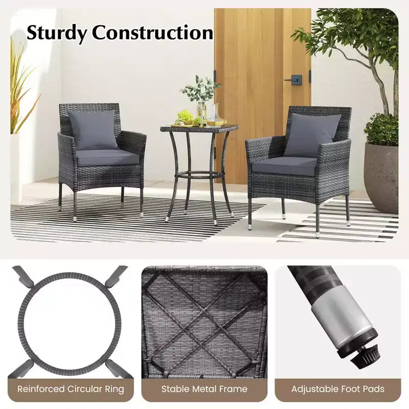 Costway Ensemble de mobilier de patio 3 pièces avec fauteuils de patio rembourrés et table basse en verre trempé gris/bleu marine/blanc/noir