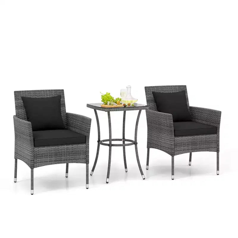 Costway Ensemble de mobilier de patio 3 pièces avec fauteuils de patio rembourrés et table basse en verre trempé gris/bleu marine/blanc/noir