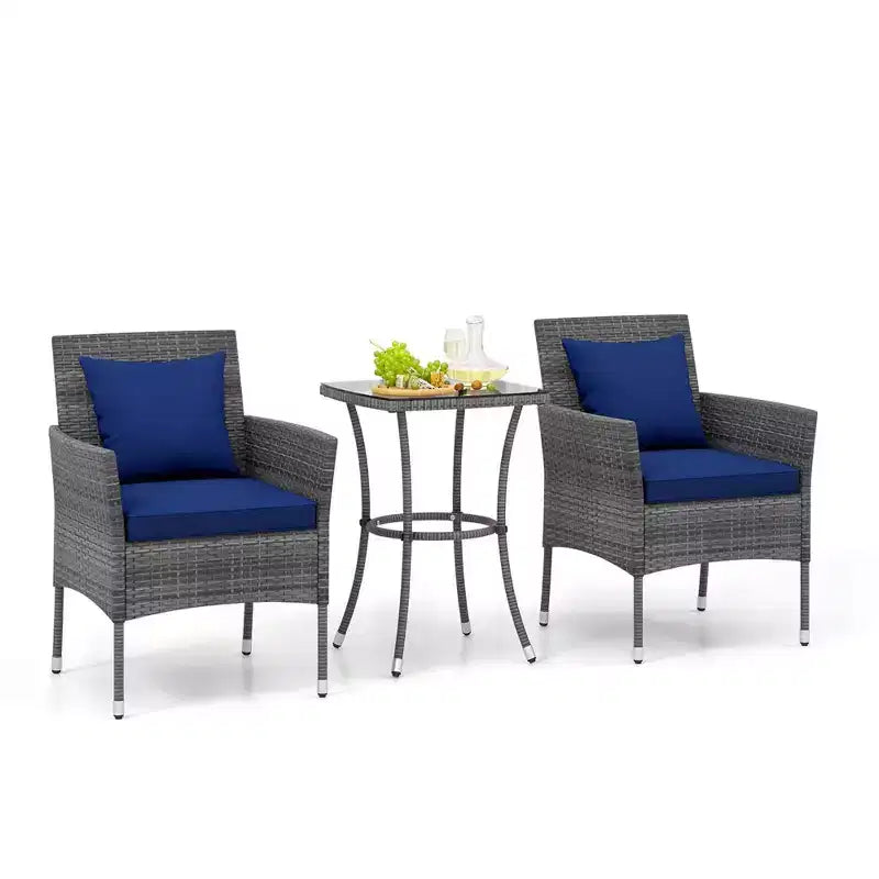 Costway Ensemble de mobilier de patio 3 pièces avec fauteuils de patio rembourrés et table basse en verre trempé gris/bleu marine/blanc/noir