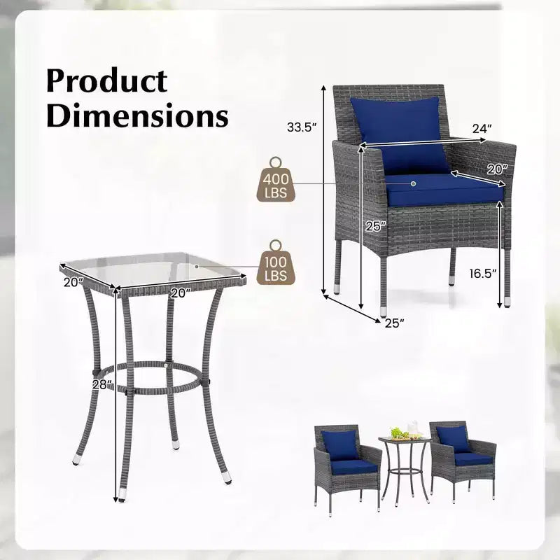 Costway Ensemble de mobilier de patio 3 pièces avec fauteuils de patio rembourrés et table basse en verre trempé gris/bleu marine/blanc/noir