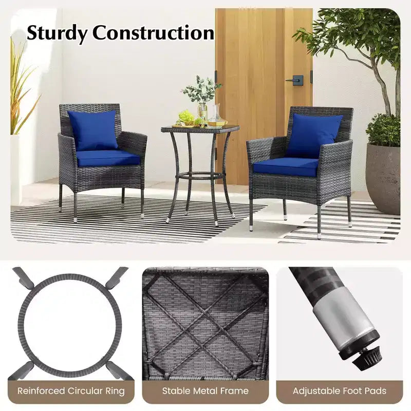 Costway Ensemble de mobilier de patio 3 pièces avec fauteuils de patio rembourrés et table basse en verre trempé gris/bleu marine/blanc/noir