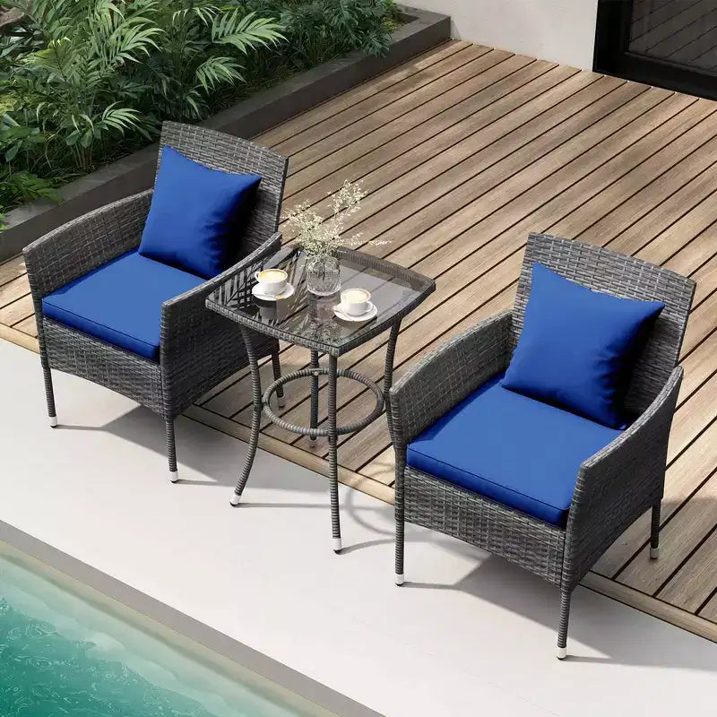 Costway Ensemble de mobilier de patio 3 pièces avec fauteuils de patio rembourrés et table basse en verre trempé gris/bleu marine/blanc/noir