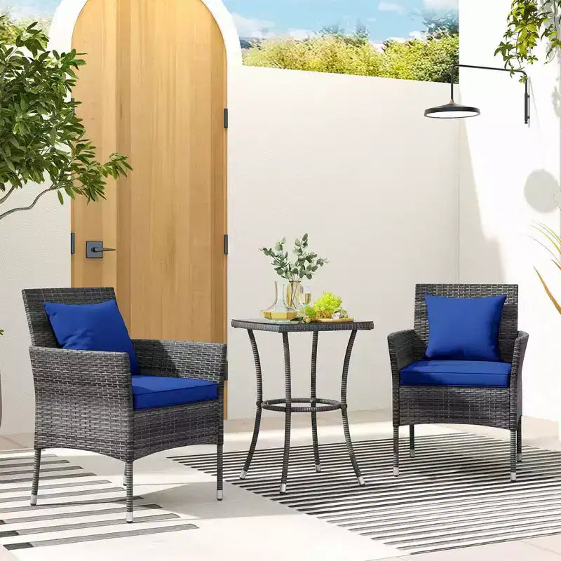 Costway Ensemble de mobilier de patio 3 pièces avec fauteuils de patio rembourrés et table basse en verre trempé gris/bleu marine/blanc/noir