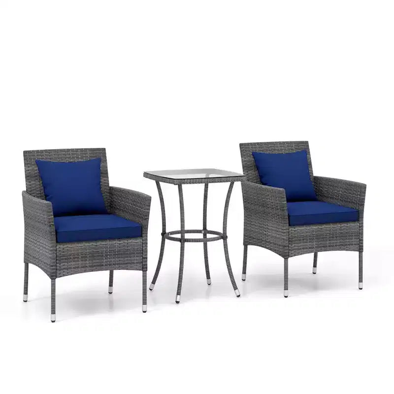 Costway Ensemble de mobilier de patio 3 pièces avec fauteuils de patio rembourrés et table basse en verre trempé gris/bleu marine/blanc/noir