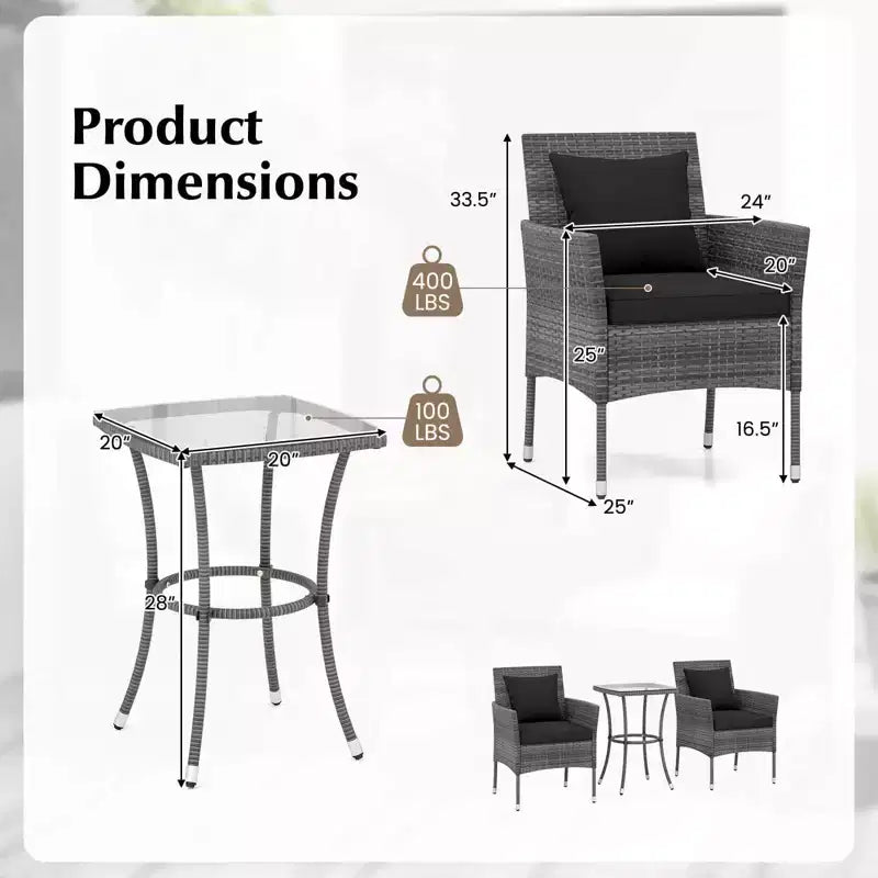 Costway Ensemble de mobilier de patio 3 pièces avec fauteuils de patio rembourrés et table basse en verre trempé gris/bleu marine/blanc/noir