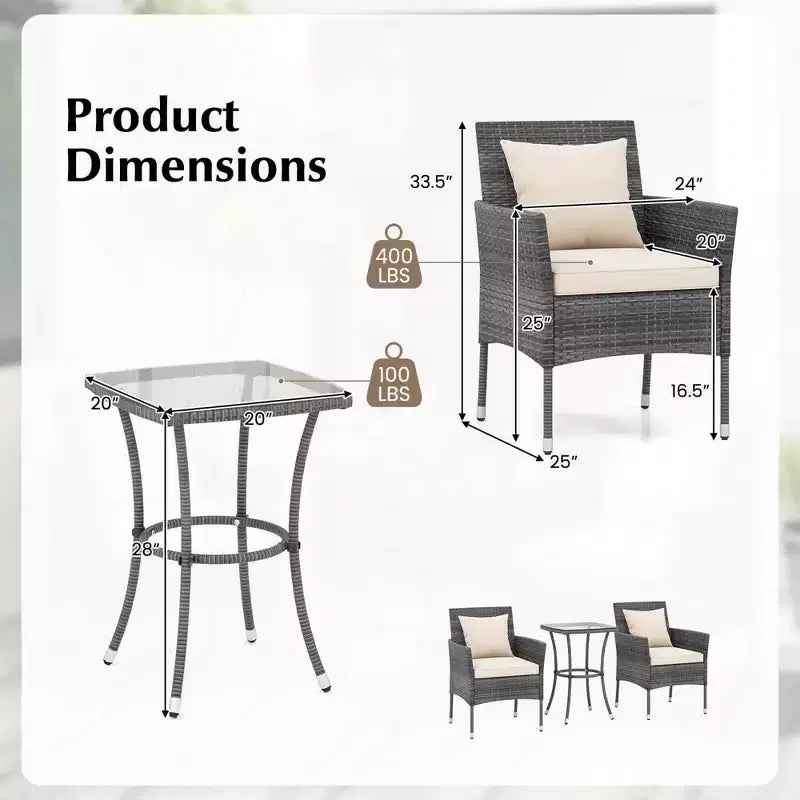 Costway Ensemble de mobilier de patio 3 pièces avec fauteuils de patio rembourrés et table basse en verre trempé gris/bleu marine/blanc/noir