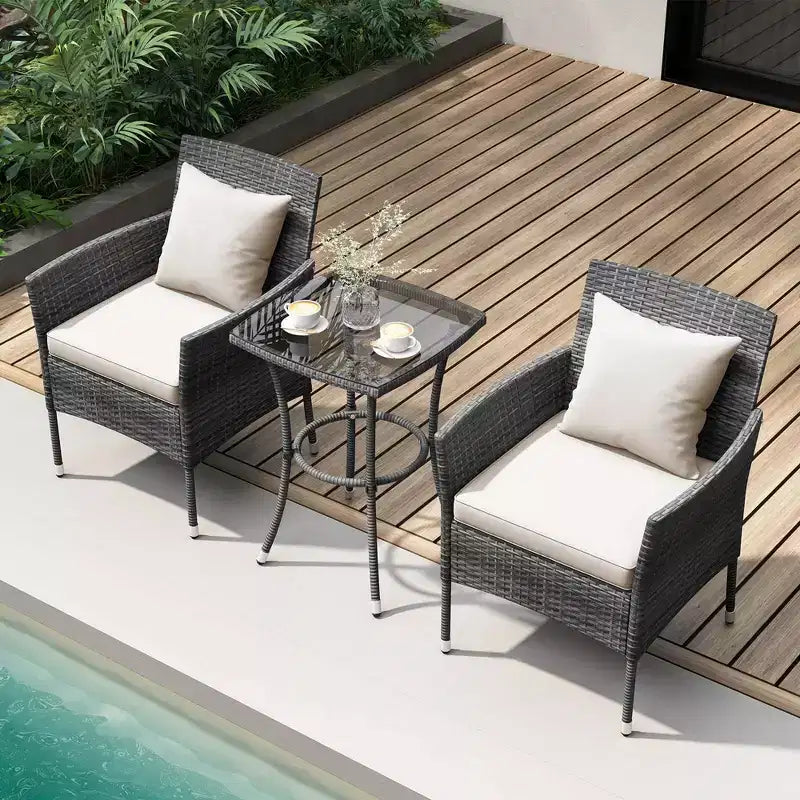 Costway Ensemble de mobilier de patio 3 pièces avec fauteuils de patio rembourrés et table basse en verre trempé gris/bleu marine/blanc/noir