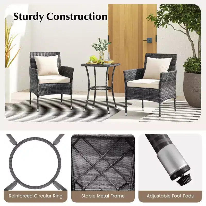 Costway Ensemble de mobilier de patio 3 pièces avec fauteuils de patio rembourrés et table basse en verre trempé gris/bleu marine/blanc/noir