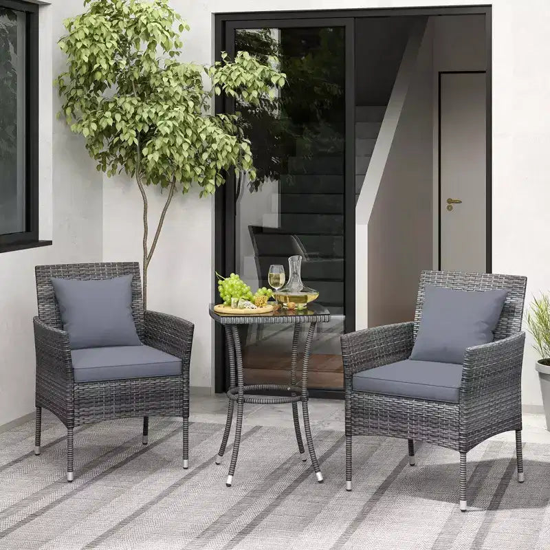 Costway 3-teiliges Terrassenmöbel-Set mit gepolsterten Terrassenstühlen und Couchtisch aus gehärtetem Glas, Grau/Marineblau/Weiß/Schwarz