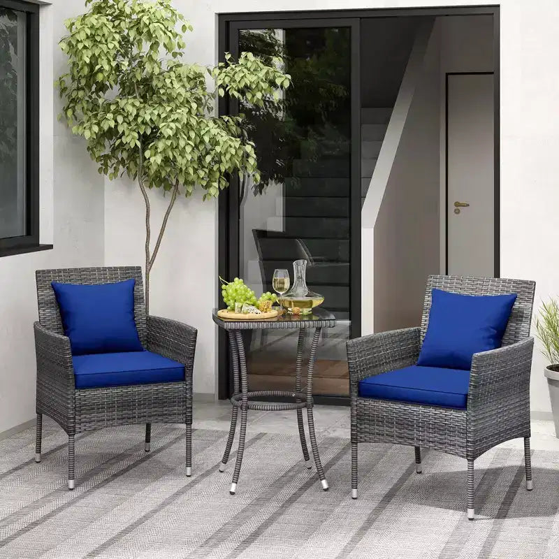 Costway 3-teiliges Terrassenmöbel-Set mit gepolsterten Terrassenstühlen und Couchtisch aus gehärtetem Glas, Grau/Marineblau/Weiß/Schwarz