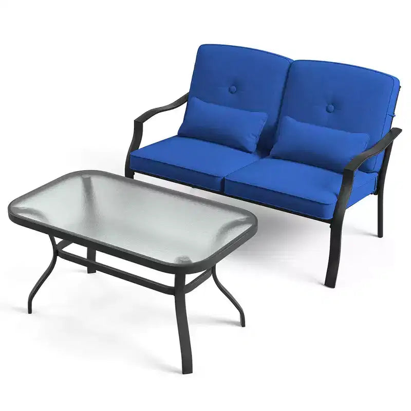Conjunto de muebles de patio Costway de 2 piezas para exterior, sofá de dos plazas, sillón y mesa de café, asiento acolchado, azul marino/gris