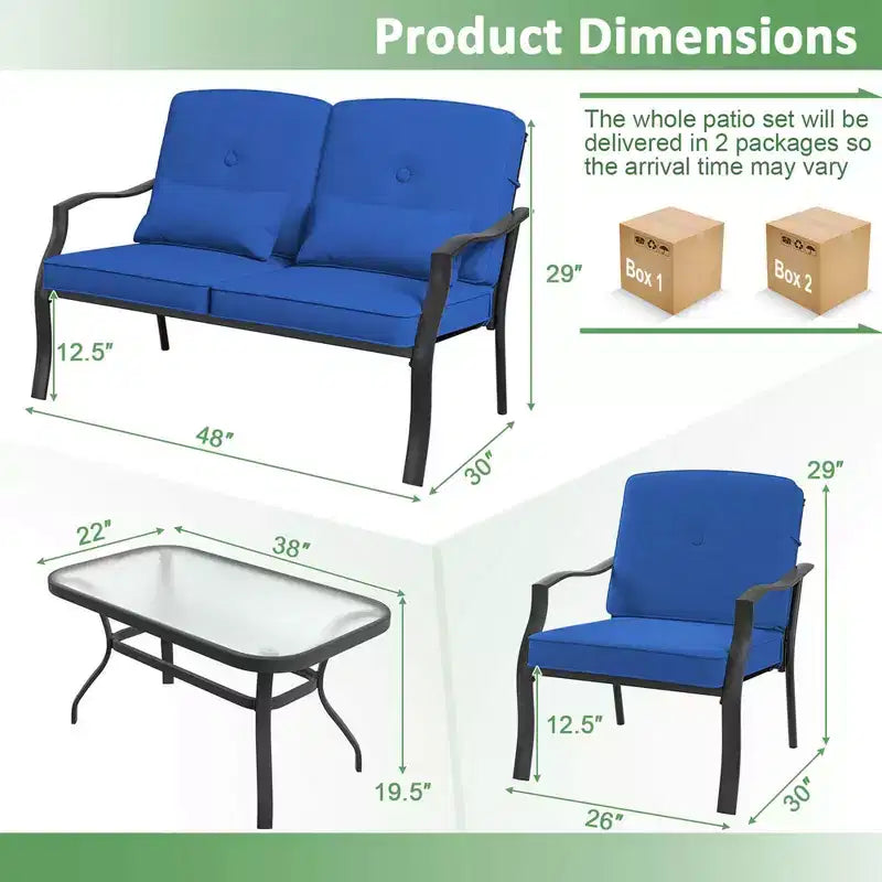 Conjunto de muebles de patio Costway de 2 piezas para exterior, sofá de dos plazas, sillón y mesa de café, asiento acolchado, azul marino/gris