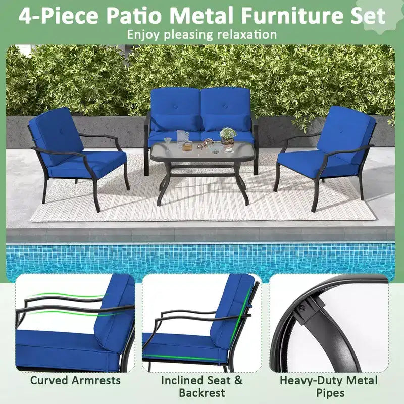 Conjunto de muebles de patio Costway de 2 piezas para exterior, sofá de dos plazas, sillón y mesa de café, asiento acolchado, azul marino/gris