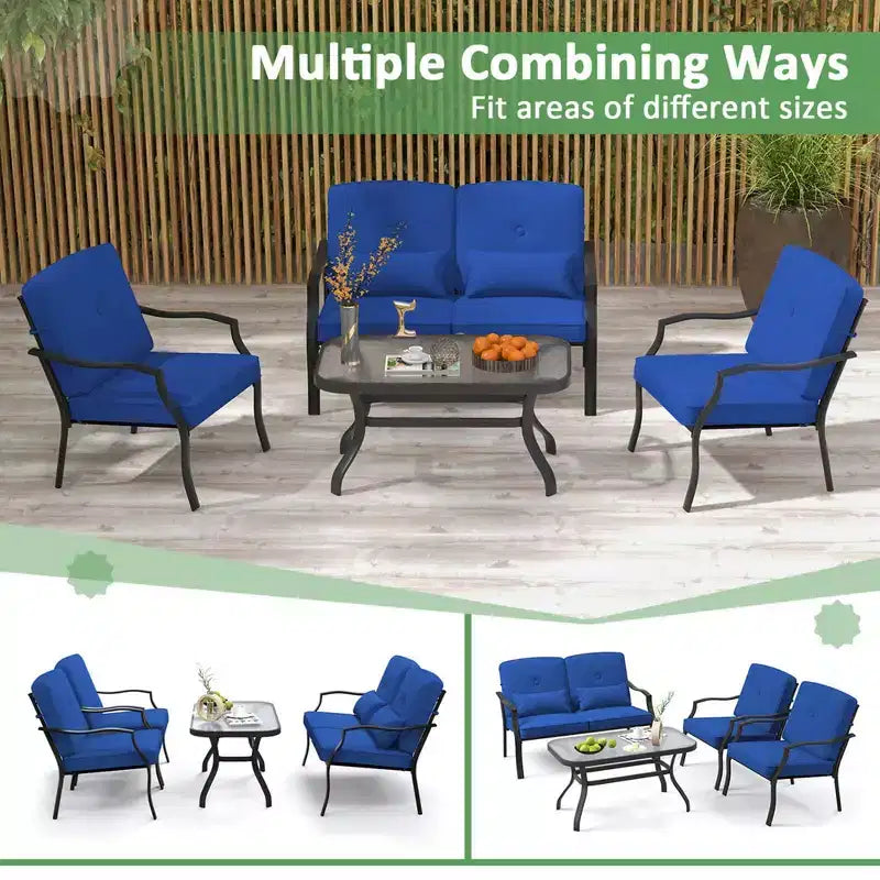 Conjunto de muebles de patio Costway de 2 piezas para exterior, sofá de dos plazas, sillón y mesa de café, asiento acolchado, azul marino/gris