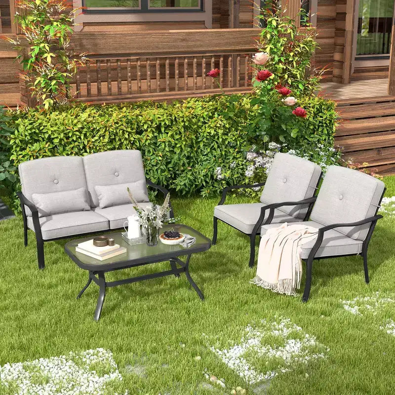 Conjunto de muebles de patio Costway de 2 piezas para exterior, sofá de dos plazas, sillón y mesa de café, asiento acolchado, azul marino/gris