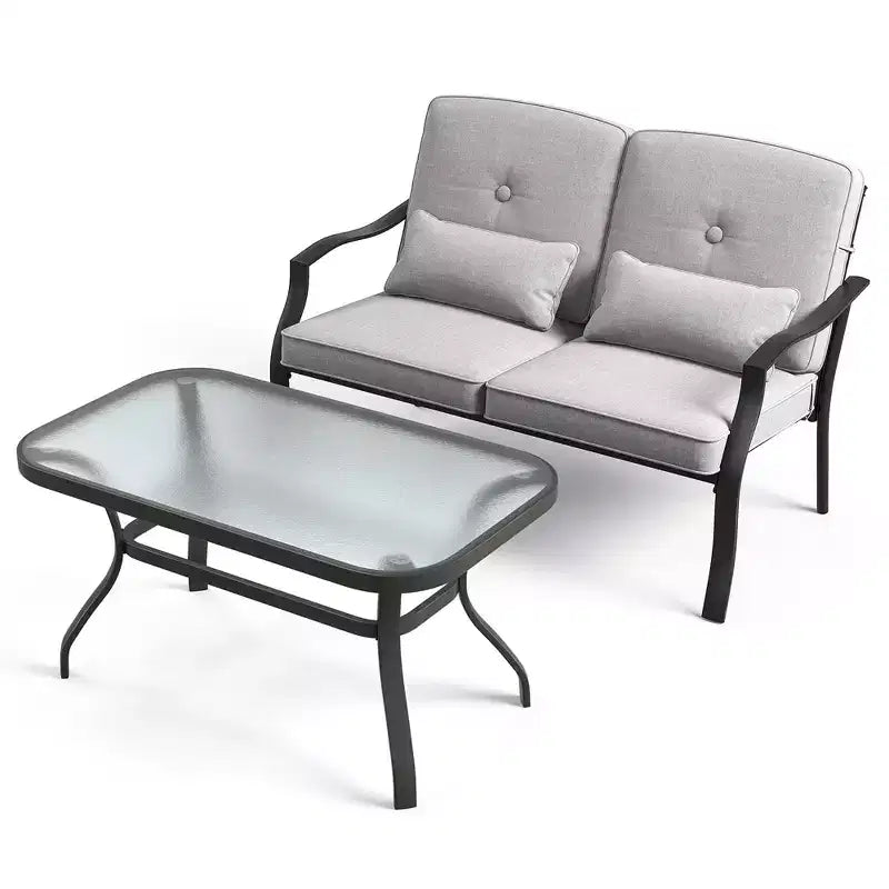 Conjunto de muebles de patio Costway de 2 piezas para exterior, sofá de dos plazas, sillón y mesa de café, asiento acolchado, azul marino/gris