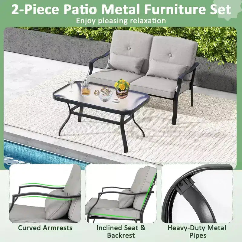 Conjunto de muebles de patio Costway de 2 piezas para exterior, sofá de dos plazas, sillón y mesa de café, asiento acolchado, azul marino/gris