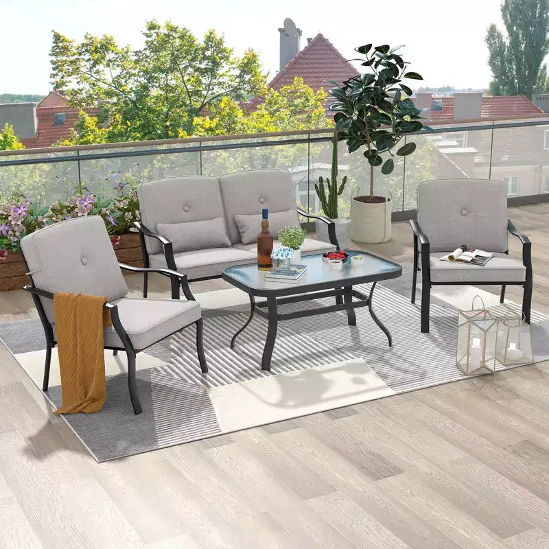 Conjunto de muebles de patio Costway de 2 piezas para exterior, sofá de dos plazas, sillón y mesa de café, asiento acolchado, azul marino/gris