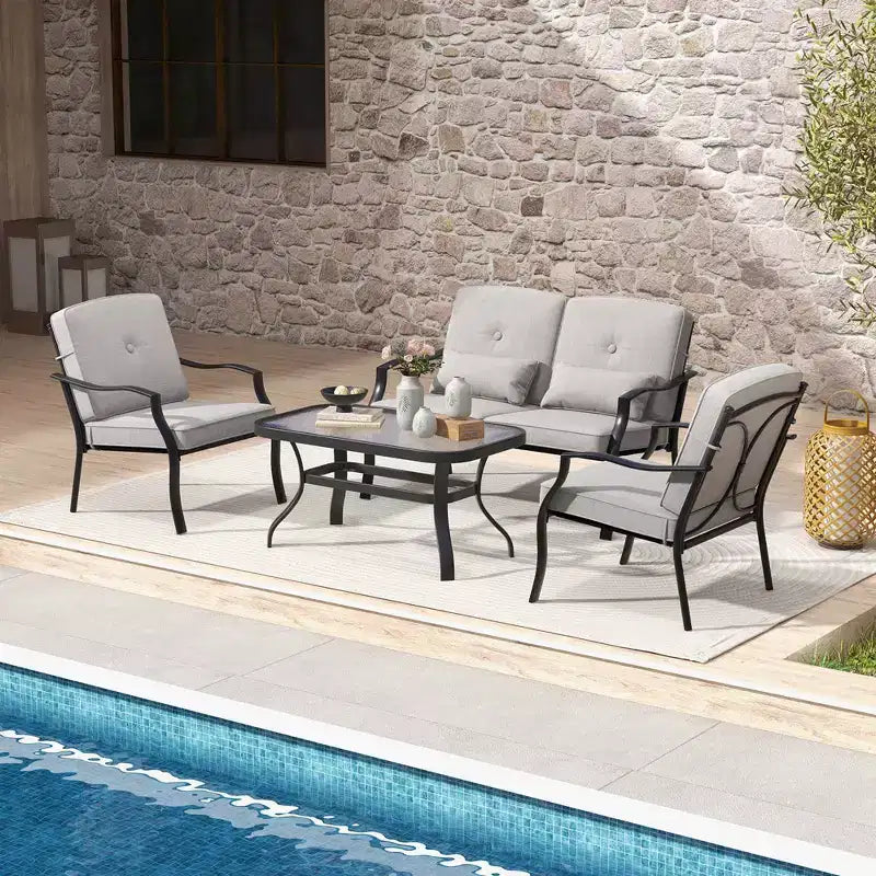 Conjunto de muebles de patio Costway de 2 piezas para exterior, sofá de dos plazas, sillón y mesa de café, asiento acolchado, azul marino/gris