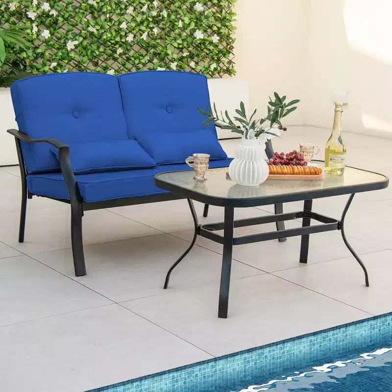 Costway 2-TEILIGES Terrassenmöbel-Set für den Außenbereich mit Zweisitzer, Sessel und Couchtisch, gepolsterte Sitzfläche, Marineblau/Grau